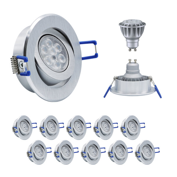 10er Set MILI Einbauleuchtenn 8W GU10 2700K Warmweiss 230V 430 lumen Alu gebürstet  dimmbar