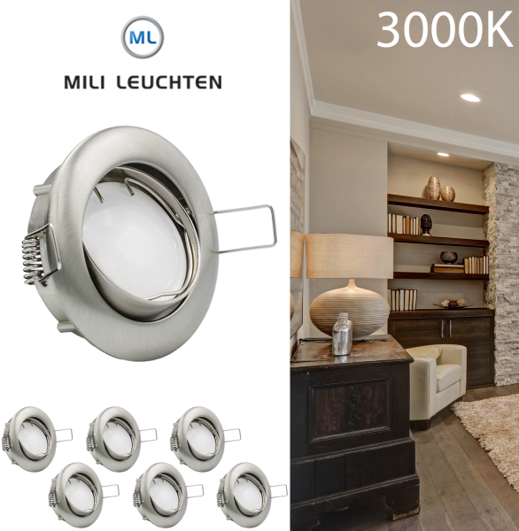 MILI 6er Set Einbauleuchtenn 3W GU10 3000K 230V Eisen gebürstet