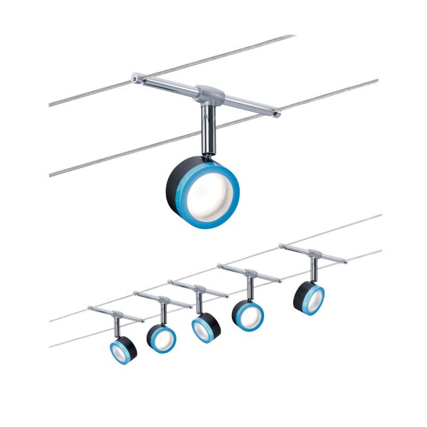 Paulmann Seilsystem Komplett Set inkl Zubehör 5x4W BlueLED Schwarz Blau Seil 2700K LED Seil Set inkl. Deko Transformator 5x 360 Lumen