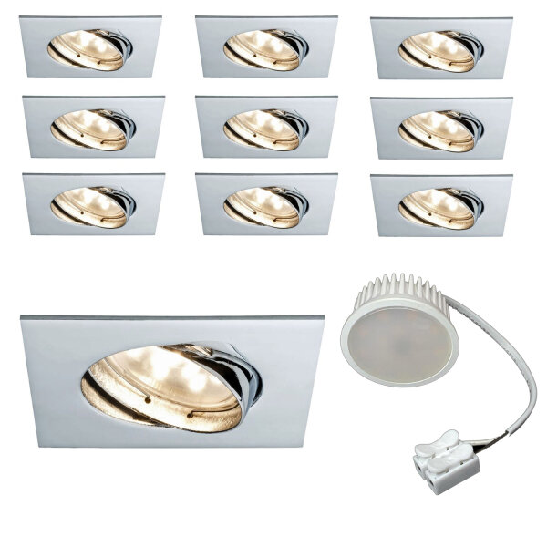 9x 5W Paulmann Einbauleuchten Set Coin Satin eckig schwenkbar inkl Mili LED 3000K, 51mm Chrom/Alu Zink Silber Einbau Warmweiss