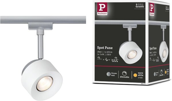 Paulmann URail LED Schienenspot Pane Einzelspot 400 lumen 7,4W 2700K dimmbar 230V Weiß Chrom matt 95374 entspricht 50W Licht